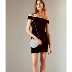Urban Outfitters Off the Shoulder Bodycon Mini Dress Black Velvet XS-TP VTG Y2K